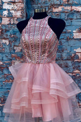 Wedding Dress With Sleev, Pink Halter Beaded Short Homecoming Dress,Wedding Party Dresses