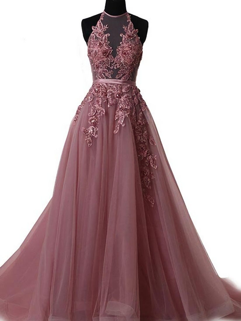 Blue Gown, Pink Halter  Lace-up Long Formal Gown, Pink Party Dresses