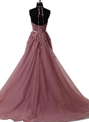 Ballgown, Pink Halter  Lace-up Long Formal Gown, Pink Party Dresses