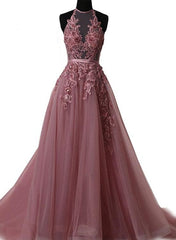 Beauty Dress Design, Pink Halter  Lace-up Long Formal Gown, Pink Party Dresses