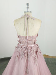 Prom Dresses Graduacion, Pink High Neck Tulle Lace Applique Long Prom Dress, Pink Evening Dress