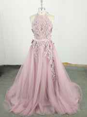 Prom Dress With Slit, Pink High Neck Tulle Lace Applique Long Prom Dress, Pink Evening Dress