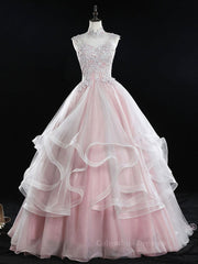 Glam Dress, Pink high neck tulle lace long prom dress, pink sweet 16 dress
