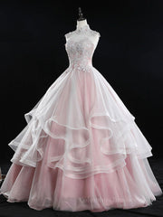 Graduation Outfit, Pink high neck tulle lace long prom dress, pink sweet 16 dress