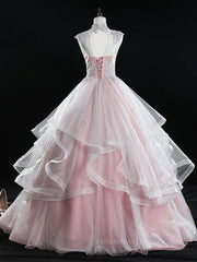 Gown Dress Elegant, Pink high neck tulle lace long prom dress, pink sweet 16 dress