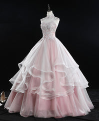 Evening Dress 1924, Pink High Neck Tulle Lace Long Sweet 16 Dress Tulle Lace Pink Prom Dress