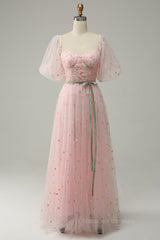 Bachelorette Party Games, Pink Illusion Puff Sleeves Embroideries A-line Long Prom Dress with Sash