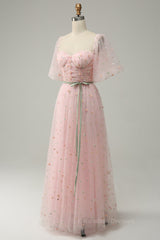 Bridal Bouquet, Pink Illusion Puff Sleeves Embroideries A-line Long Prom Dress with Sash