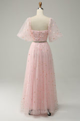 Green Bridesmaid Dress, Pink Illusion Puff Sleeves Embroideries A-line Long Prom Dress with Sash