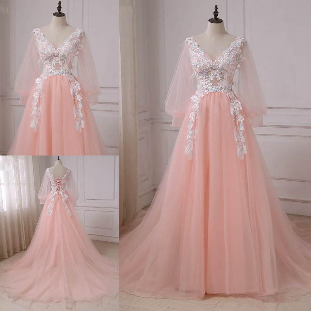 Bridesmaid Dresses Lavender, Pink Lace Applique V-neckline Long Prom Dress, Long Sleeves Fashionable Evening Gown