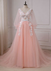 Bridesmaid Dresses Floral, Pink Lace Applique V-neckline Long Prom Dress, Long Sleeves Fashionable Evening Gown