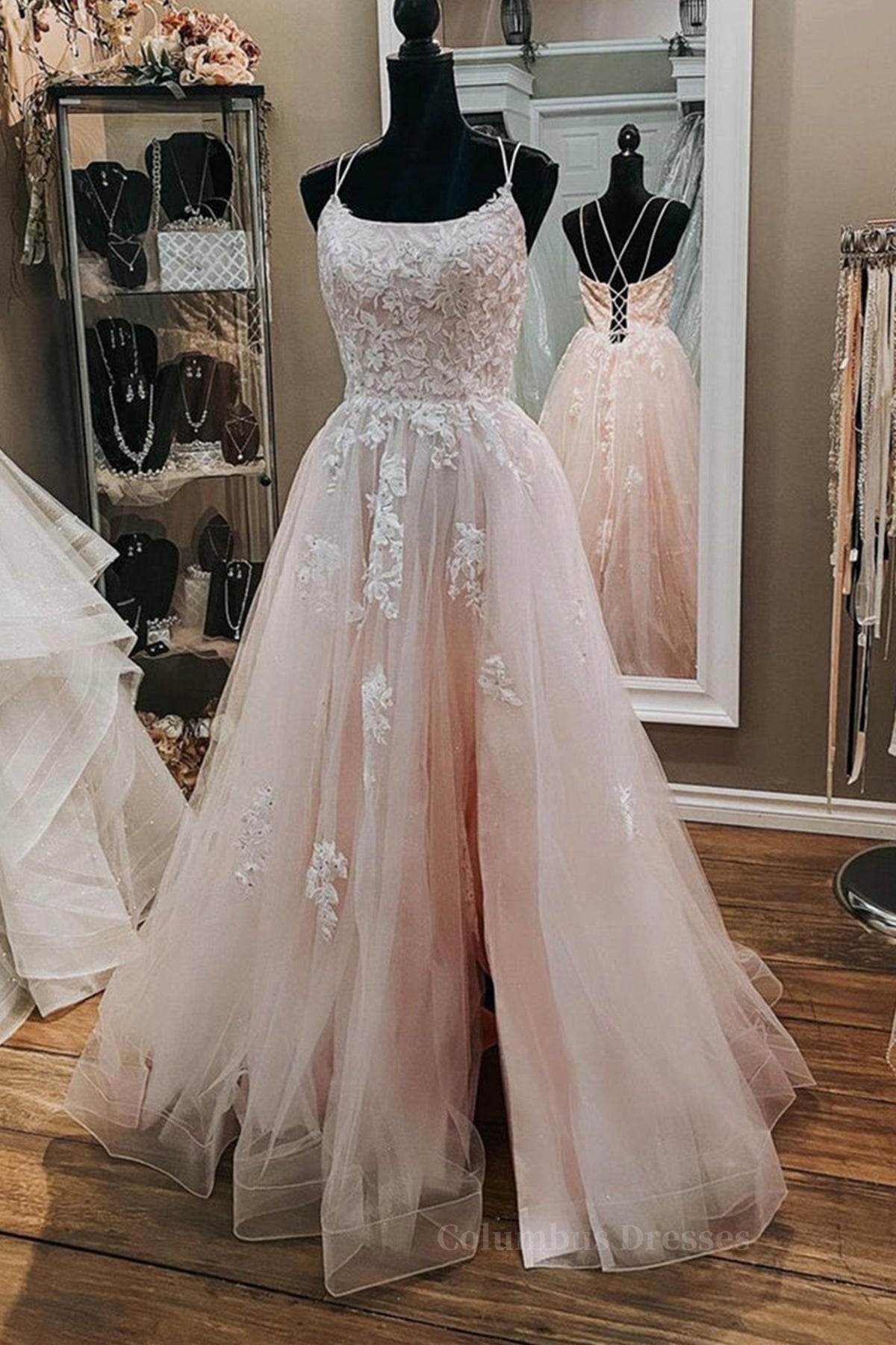 Homecoming Dress Beautiful, Pink Lace Appliques A Line Open Back Tulle Long Prom Dresses, Pink Lace Formal Graduation Evening Dresses