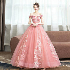 Prom Dresses Sale, Pink Lace Flower Off Shoulder Sweet 16 Dress, Pink Long Prom Dresses Quinceaner Dress
