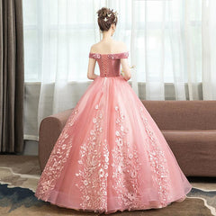 Prom Dress Sales, Pink Lace Flower Off Shoulder Sweet 16 Dress, Pink Long Prom Dresses Quinceaner Dress