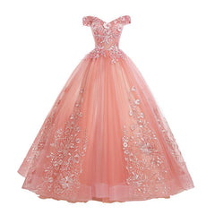 Prom Dresses With Long Sleeves, Pink Lace Flower Off Shoulder Sweet 16 Dress, Pink Long Prom Dresses Quinceaner Dress