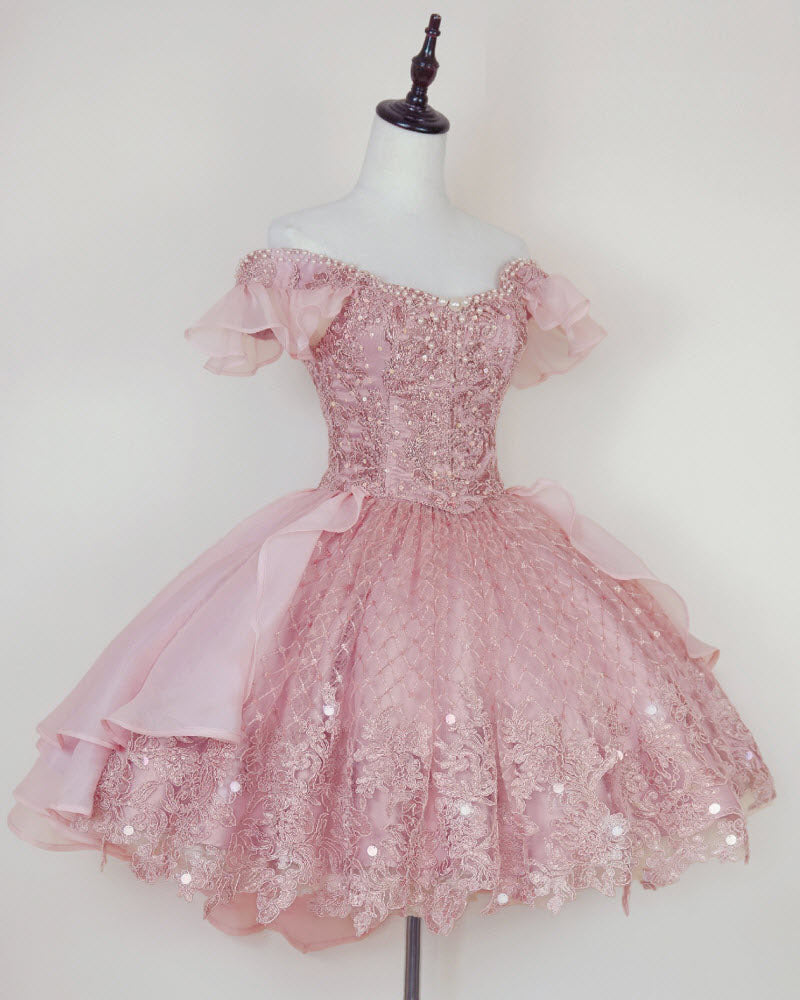 Cute Dress, Pink Lace Homecoming Gown with Beading,Princess Off the Shoulder Hoco Dress
