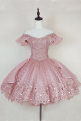 Gown, Pink Lace Homecoming Gown with Beading,Princess Off the Shoulder Hoco Dress