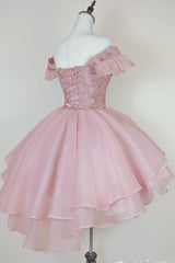 Wedding Guest Outfit, Pink Lace Homecoming Gown with Beading,Princess Off the Shoulder Hoco Dress