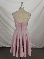 Formal Dresses Royal Blue, Pink Lace Satin Lace Short Prom Dress, Pink Homecoming Dresses