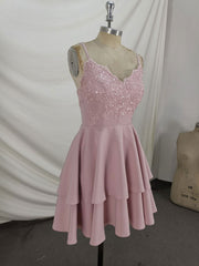 Formal Dresses Midi, Pink Lace Satin Lace Short Prom Dress, Pink Homecoming Dresses