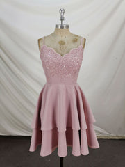 Formal Dresses For Large Ladies, Pink Lace Satin Lace Short Prom Dress, Pink Homecoming Dresses