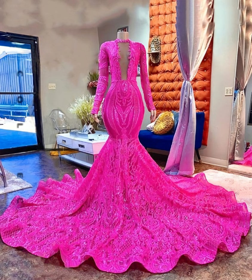 Slip Dress, Pink Lace Sexy Fitted Mermaid Style Long Sleeve High Neck African Black Girls Long Prom Dresses