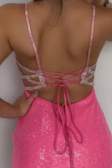 Pink Lace-Up Back Sequins Tight Short Homecoming Dress