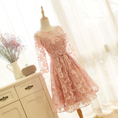 Wedding Dress Colored, Pink Long Sleeves Lace Wedding Party Dress, Charming Party Dress