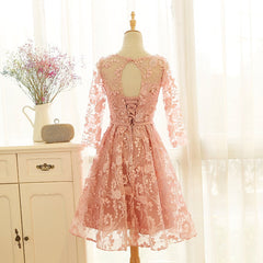 Wedding Dresses Colors, Pink Long Sleeves Lace Wedding Party Dress, Charming Party Dress