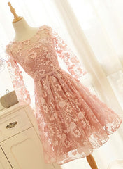 Wedding Dress Colors, Pink Long Sleeves Lace Wedding Party Dress, Charming Party Dress
