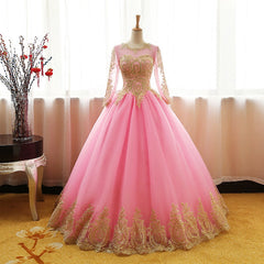 Beach Wedding Dress, Pink Long Sleeves Tulle Round Neckline Sweet 16 Dresses, Pink Formal Gown