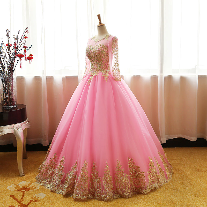 Champagne Bridesmaid Dress, Pink Long Sleeves Tulle Round Neckline Sweet 16 Dresses, Pink Formal Gown