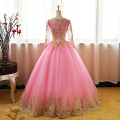 Wedding Aesthetic, Pink Long Sleeves Tulle Round Neckline Sweet 16 Dresses, Pink Formal Gown