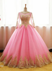 Spring Wedding, Pink Long Sleeves Tulle Round Neckline Sweet 16 Dresses, Pink Formal Gown