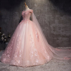 Prom Dress Store, Pink Long Tulle with Lace Applique Ball Gown Sweet 16 Dresses, Pink Formal Dresses