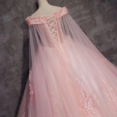 Prom Dresse Long, Pink Long Tulle with Lace Applique Ball Gown Sweet 16 Dresses, Pink Formal Dresses