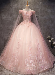 Prom Dresses Stores, Pink Long Tulle with Lace Applique Ball Gown Sweet 16 Dresses, Pink Formal Dresses