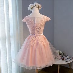 Evening Dress Yellow, Pink Lovely Cap Sleeves Knee Length Formal Dress, Pink Tulle Prom Dress