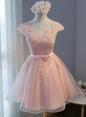 Evening Dresses Yellow, Pink Lovely Cap Sleeves Knee Length Formal Dress, Pink Tulle Prom Dress