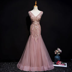 Bridesmaid Dresses Pink, Pink Mermaid Tulle Long Evening Dress with Lace, V-neckline Floor Length Prom Dress