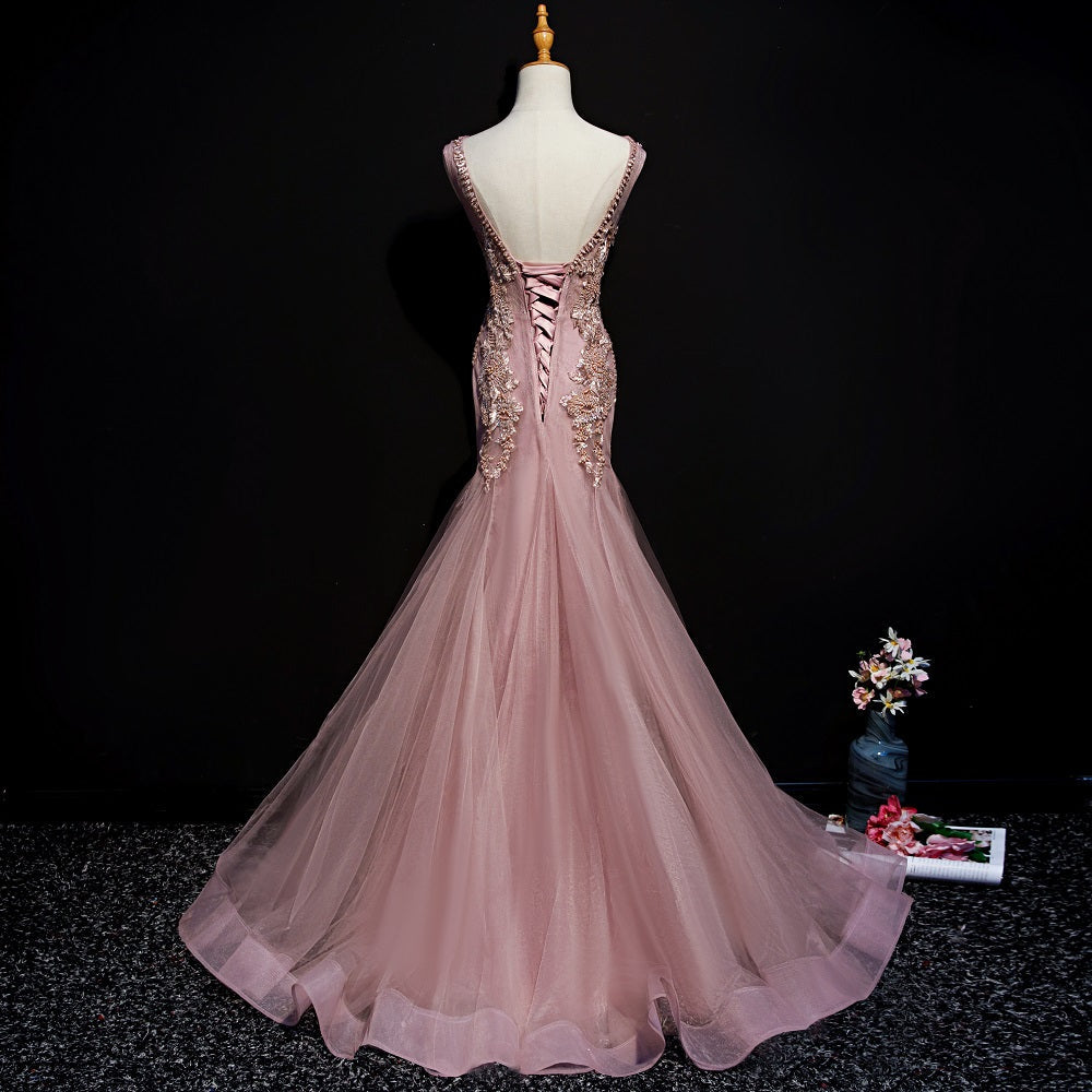 Bridesmaid Dresses 2023, Pink Mermaid Tulle Long Evening Dress with Lace, V-neckline Floor Length Prom Dress