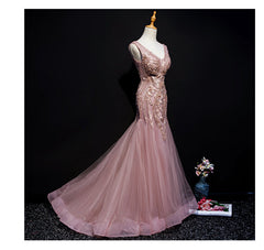 Bridesmaid Dress 2023, Pink Mermaid Tulle Long Evening Dress with Lace, V-neckline Floor Length Prom Dress