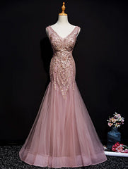 Bridesmaid Dresses Fall, Pink Mermaid Tulle Long Evening Dress with Lace, V-neckline Floor Length Prom Dress