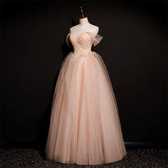 Homecoming Dresses Shop, Pink Off Shoulder Beaded Tulle Long Party Dresses, Pink A-line Formal Dresses Prom Dress