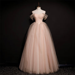Homecoming Dress Shopping, Pink Off Shoulder Beaded Tulle Long Party Dresses, Pink A-line Formal Dresses Prom Dress