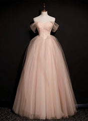 Homecoming Dress Shop, Pink Off Shoulder Beaded Tulle Long Party Dresses, Pink A-line Formal Dresses Prom Dress
