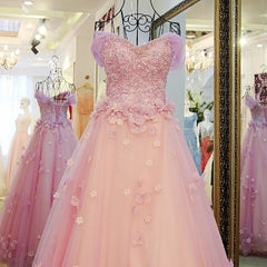 Quince Dress, Pink Off Shoulder Lace Applique Tulle Flowers Prom Dress, Pink Formal Dress Sweet 16 Dress