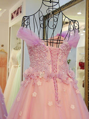 Green Dress, Pink Off Shoulder Lace Applique Tulle Flowers Prom Dress, Pink Formal Dress Sweet 16 Dress