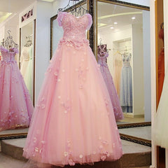 Floral Dress, Pink Off Shoulder Lace Applique Tulle Flowers Prom Dress, Pink Formal Dress Sweet 16 Dress
