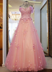 Short Dress, Pink Off Shoulder Lace Applique Tulle Flowers Prom Dress, Pink Formal Dress Sweet 16 Dress